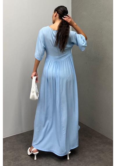 Madmext Bebe Mavisi V Yaka Düğmeli Elbise Mg2339 Bebe Mavisi