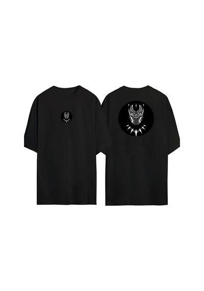 Thewert Unisex Kara Panter Ön Arka Baskılı Sıyah Oversize T-shirt Siyah
