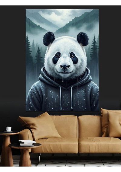 Ahşap Tablo Yağmurdaki Kapüşonlu Panda