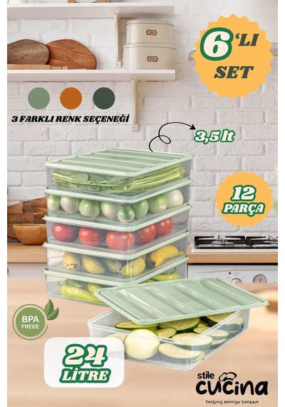 6'lı Buzdolabı Düzenleyici Organizer Mikrodalgaya Uygun Difriz Saklama Kabı Mint