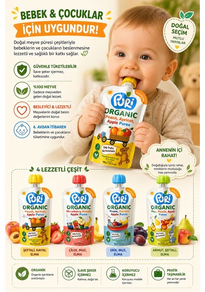 Organic %100 Organik Meyve Püresi Şeftali - Kayısı - Elma 100 G İlave Şekersiz