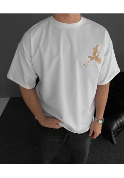 Ön Ve Arka Baskılı Oversize Bisiklet Yaka T-shirt - Beyaz Çok Renkli