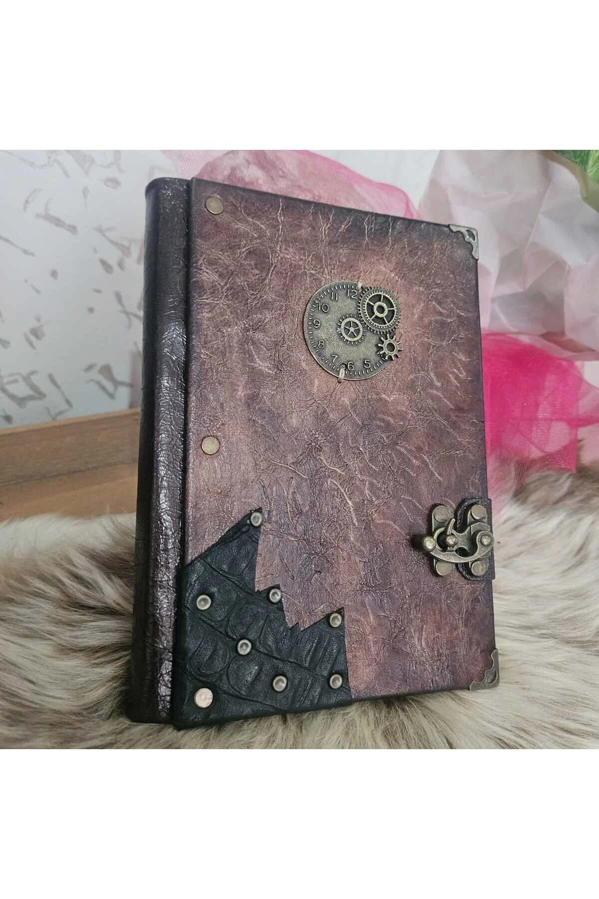Saat Zamanın Sessiz Çığlığı Hakiki Deri İtalyan Baskılı Özel Desen El Yapımı Defter Kahverengi