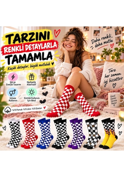 S'82 Unisex Çorap Dama Desenli Renkli 7'li Set Kareli Alev Desen Uzun Soket Günlük Spor Çorabı Çok Renkli