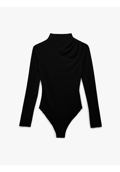 Koton Slim Fit Uzun Kollu Dik Yaka Drape Detaylı Bodysuit Siyah 6sak80065ek