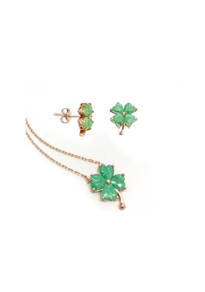 Yeşil Zirkon Taşlı Rose Gold Kaplama Yonca Gümüş Set Gümüş