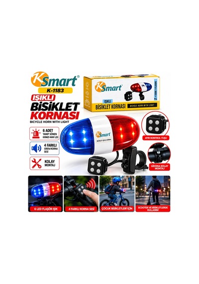 Bisiklet Kornası - Zil Işıklı 2xaa Pil Polis - Siren 4 Fonksiyon K-1220 5468 Çok Renkli