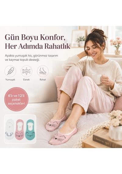 Çorap Giyim Kadın Hayvan Figürlü Görünmez Ekonomik Babet Çorabı 12 Li Paket Kaymaz Topuklu Pamuklu Ekru, Pembe, Nane Yeşili Çok Renkli