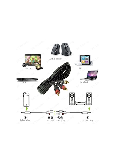 Yüksek Kalite 3.5mm Erkek to 2RCA Erkek  Ses Kablosu 5 Metre
