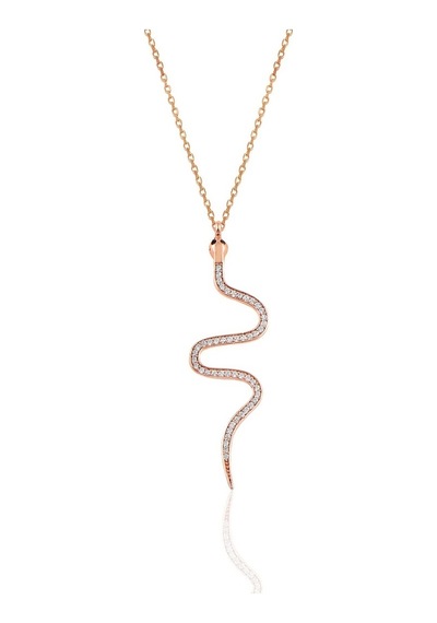 Gümüş Rose Zirkon Taşlı Yılan Kolye (536822589)