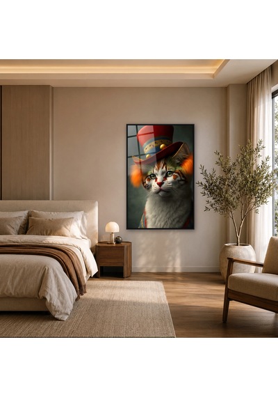 Şapkalı Kedi Portresi Siyah Çerçeveli Cam Tablo
