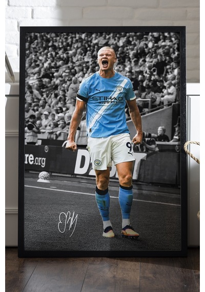 Erling Haaland Siyah Ahşap Çerçeveli Poster, Dekoratif Futbol Duvar Tablosu