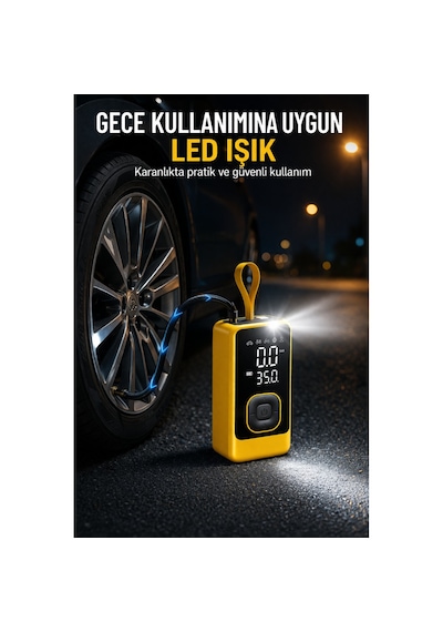 Taşınabilir Hava Pompası Dijital Ekranlı Led Işıklı Type-c Şarjlı Araç Bisiklet Top Lastik Şişirme Kompresörü Sarı