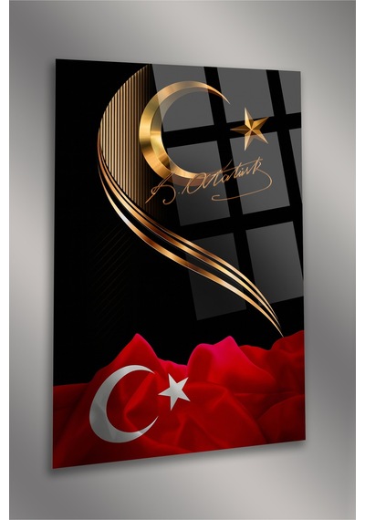 Türk Bayrağı Ve Atatürk İmzası Cam Tablo Modern Sanat Tablosu Solmayan Canlı Renkler Salon Ve Oturma Odası Anlamlı Hediye Seçeneği