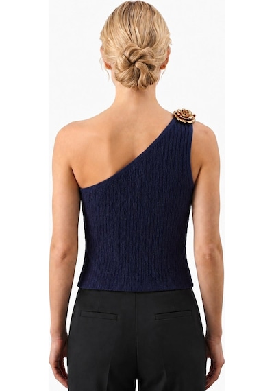 Cottonhıll Premium - Tide Collection Lacivert Tek Omuz Çiçek Aksesuarlı Bürümcük Dokulu Kadın Crop Bluz