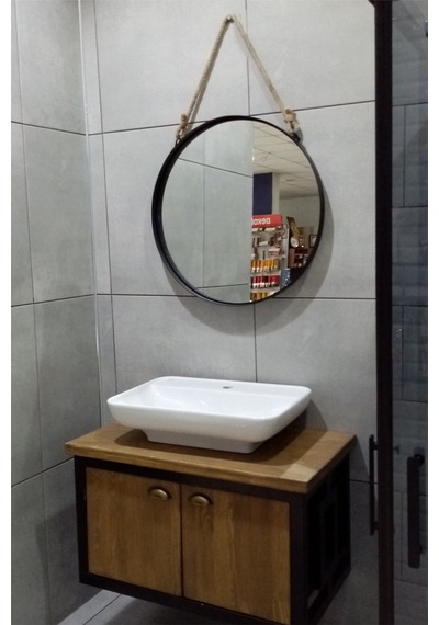 Dekoratif 45 Cm Metal Çerçeve Halat Askılı Ayna Mat Siyah