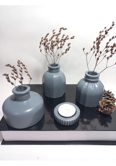 Modern Minimal Vazo Set 3'lü, Ev & Ofis Hediyelik, Dekoratif Obje, Gri