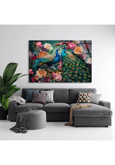 Tavus Kuşu Çiçekler - Cam Tablo - Deg0975 50 X 35 Cm