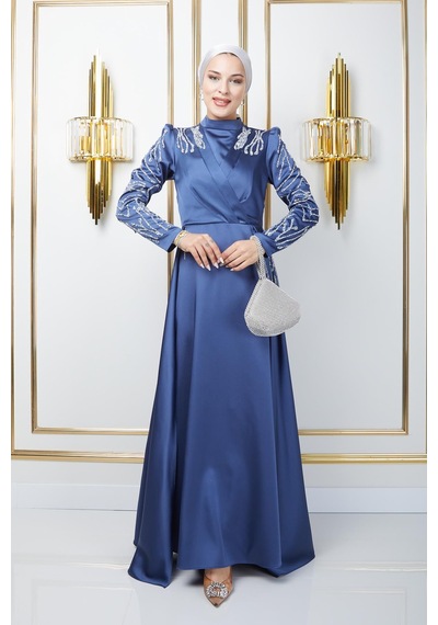 Olcay Önü Ve Kolları Pul Ve Taş Detaylı Saten Abiye Elbise K. İndigo 1660
