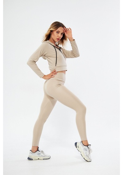 Lesa Wear Kapüşonlu Içi Polarlı Yumuşacık Şardonlu Kaşkorse Crop Likra Sweatshirt BEJ