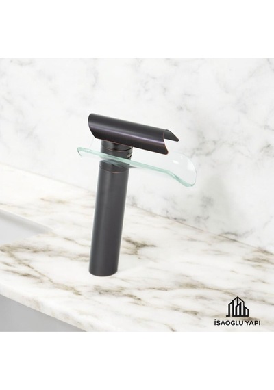 İsaoğlu Yapı Antik Siyah Çanak Lavabo Bataryası Glass Design Yüksek Armatür Çanak Musluk Antik