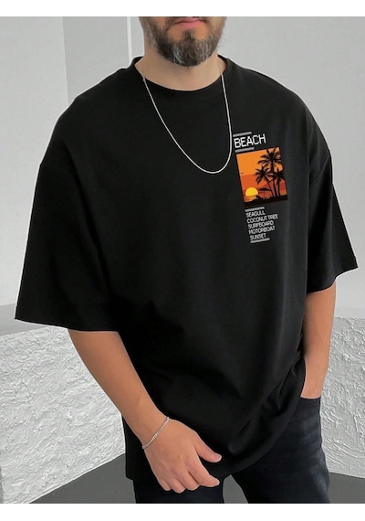 Beach Logo T-shirt - Siyah Baskılı Oversize Bisiklet Yaka Kısa Kol SIYAH