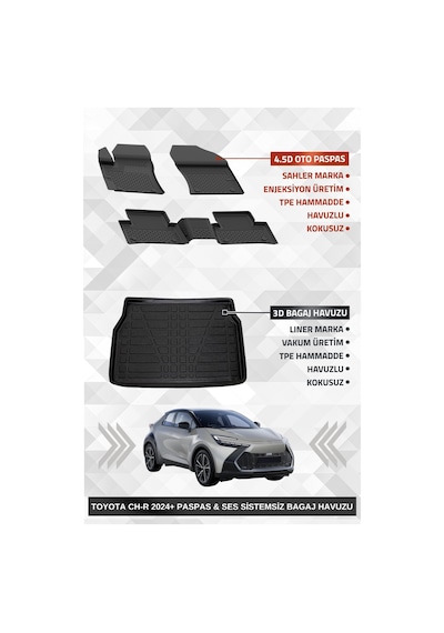 Sahler Toyota C-hr 2 2023+ Uyumlu 4.5d Premium Havuzlu Oto Paspas Ve Liner Marka 3d Ses Sistemsiz Bagaj Havuzu