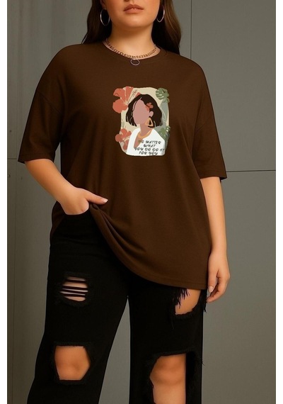 Büyük Beden Renkli Kadın Baskılı Unisex Tişört Kahverengi