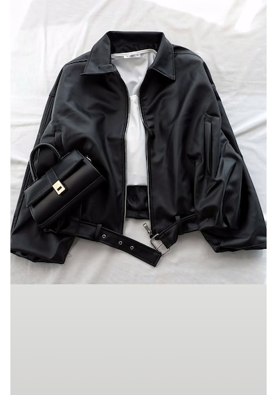 Prifaldi Oversize Bomber Deri Ceket Siyah