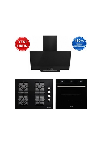 Eminçelik & AFM A53 FM7600 + 1240B Wok + FM3300  Turbo + Soğutma Siyah Cam 3'Lü Ankastre Set