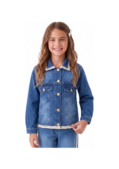 Onloox Kız Çocuk Mavi Kız Çocuk Mavi Pamuklu Denim Gömlek Yaka Regular Kalıp Güpür Detaylı Jean Ceket 3-7 Yaş