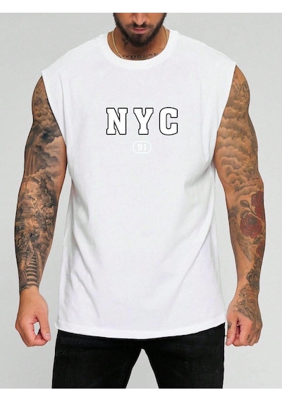 Nyc 91 Baskılı Kolsuz Tişört BEYAZ