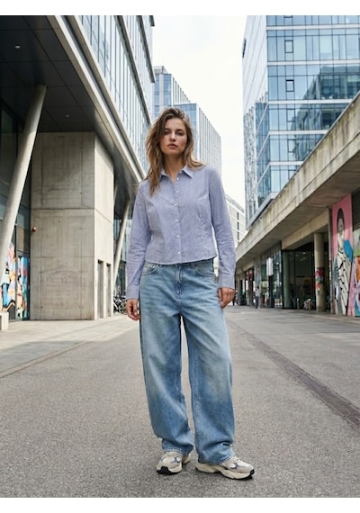 LTB Skinny Fit Belden Oturtmalı Çizgili Mavi Gömlek