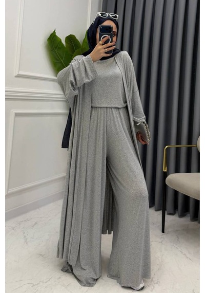Balenbi Kadın Penye Uzun Hırka Bluz Geniş Paça Pantolon Abaya Takım 1217 Grimelanj