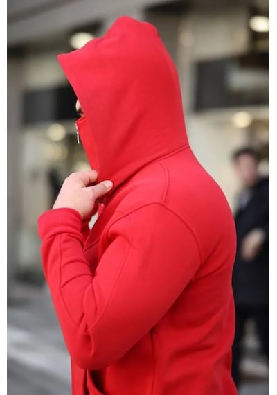 Veraura Lifestyle Erkek Maskeli Ninja Model Çift Kapüşonlu 3 İplik Şardonlu Fermuarlı Sweatshirt - Kırmızı