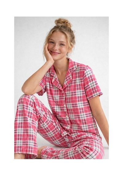 Rindahomewear Süprem Örme Kumaş Pembe Ekose Desenli Düğmeli Pijama Takım Pembe Ekose