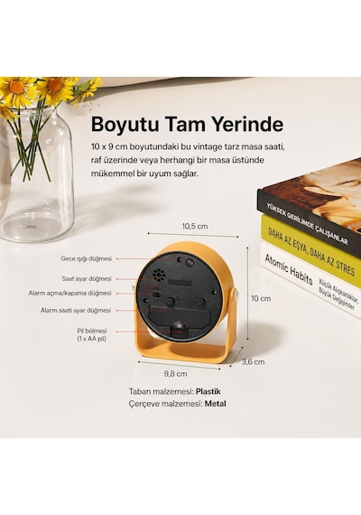 Valkyrie Sessiz Çalışan Mini Masa Saati Akıcı Mekanizma, Gece Işıklı, Şık Dekoratif Sarı