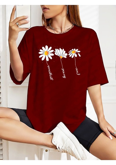 Papatyalar Baskılı T-shirt - Baskılı Oversize Bisiklet Yaka Kısa Kol Tişört Kırmızı