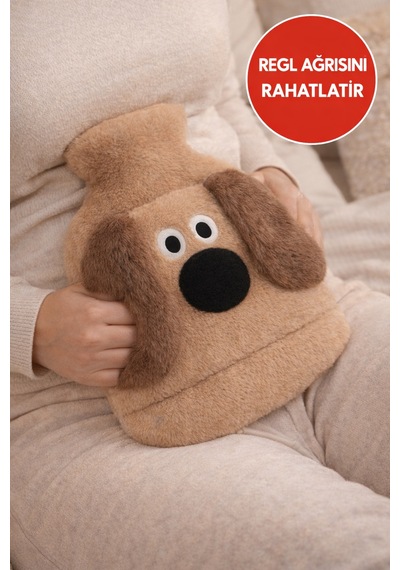 Kahverengi Gromit Figürlü Eldivenli Sıcak Su Torbası Peluş Kılıflı, Karın El Isıtıcı Renkli