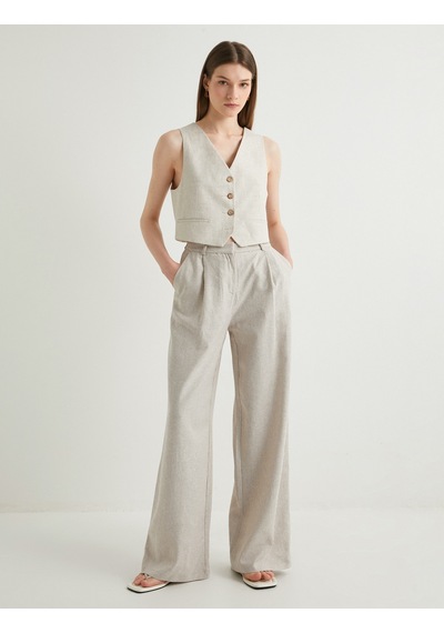 Koton Keten Karışımlı Pantolon Palazzo Bol Paça Cepli Normal Bel Bej Desenli 4sak40407pw Ekru Koton Keten Karışımlı Pantolon Palazzo Bol Paça Cepli Normal Bel Bej Desenli 4sak40407pw Ekru