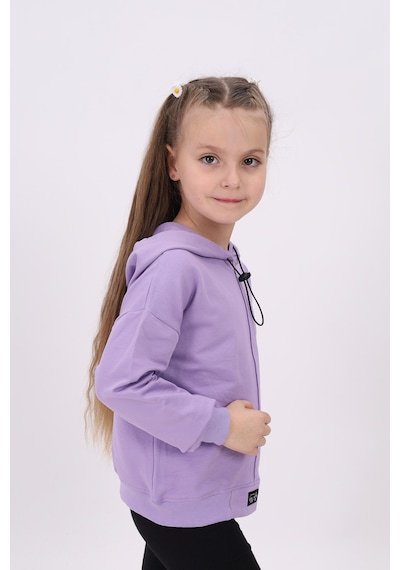 Kız Çocuk Oversize Kapüşonlu Düşük Omuz Baskılı Nervürlü Sweatshirt - 2 İplik Lila