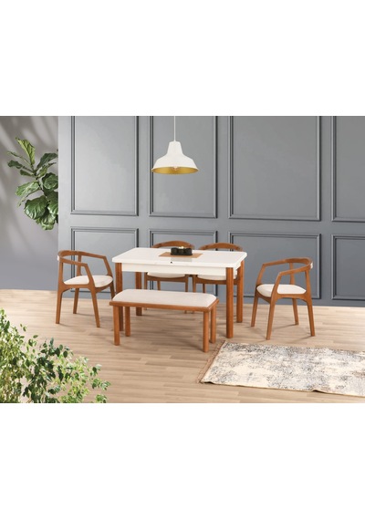Uyar Beyaz - Ceviz 1 Adet Bohem Bench 4 Adet Zaya Sandalye 160+30