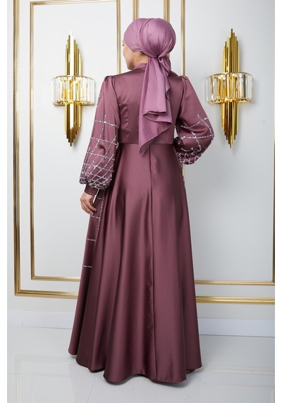 Olcay Önü Ve Kolları Taş Ve Pul Bezeli Kloş Saten Tesettür Abiye Elbise Gül Kurusu 1675 Olcay Önü Ve Kolları Taş Ve Pul Bezeli Kloş Saten Tesettür Abiye Elbise Gül Kurusu 1675