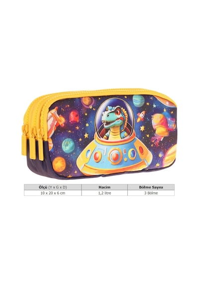 Kaukko Kids Sarı Siyah, Astronot Dinazor, Erkek Çocuk Üç Bölmeli Kalemlik/kalem Çantası - L8273 Sarı - Siyah