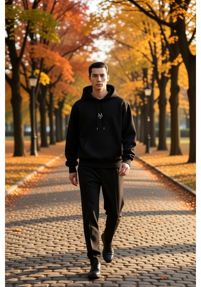 Benerly Erkek Kapüşonlu Standart Kol Kanguru Cep Sweatshirt Fonksiyonel D siyah