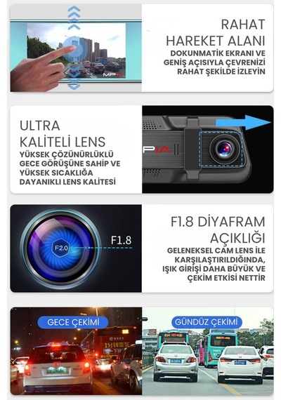 5.5" Ips Ekran Ön Fhd Arka Hd 5mp Tf Kartlı Araç İçi Çift Lens Araç Kamerası