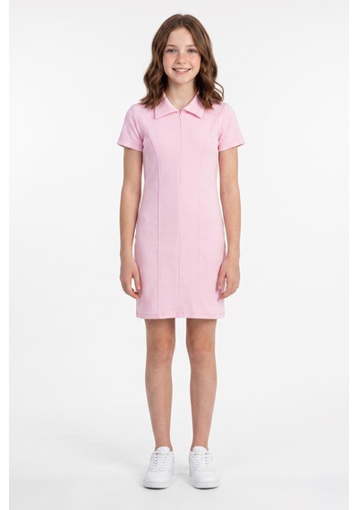 Fullamoda Basic Yarım Fermuarlı Polo Yaka Kız Çocuk Elbise Pembe