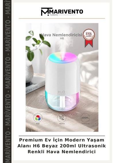 Premium Ev İçin Modern Yaşam Alanı H6 Beyaz 200ml Ultrasonik Renkli Hava Nemlendirici