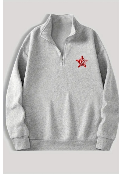 Gri Fermuarlı Dikyaka Sweatshirt- Yıldız - Kışık Şardonlu Kumaş Gri