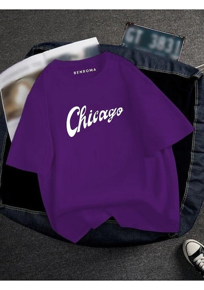 Oversıze Chicago Baskılı Unısex Tisort Baskılı Mor